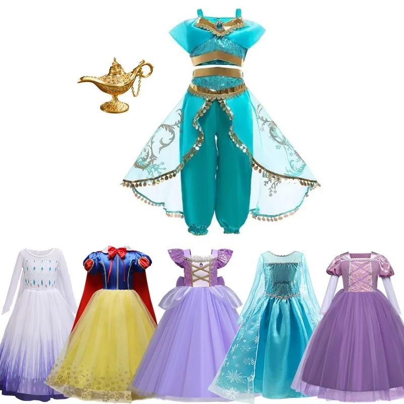 Girls Jasmine Princess Dress Children Elsa Bella Rapunzel Costume Kids Snow White Cinderella Dress Halloween Custume for Kids