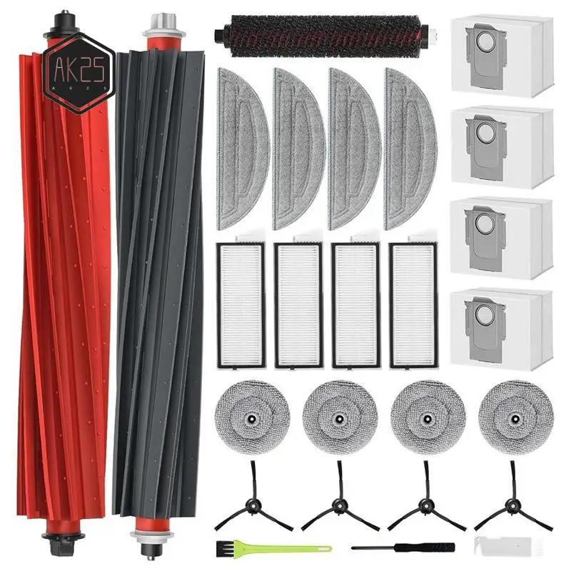 

Запасные части AK25 для Roborock S8 MaxV Ultra: основная и боковые щетки, HEPA-фильтр, салфетка для влажной уборки, мешки для сбора пыли, аксессуары