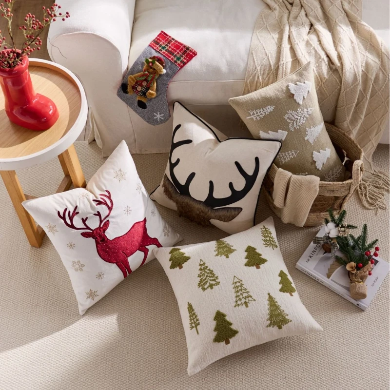 

2025 Christmas Patchwork Cushion Cover Christmas Tree Elk Embroidered Pillowcase Festive Luxury Chenille Pillow Cover Home Decor