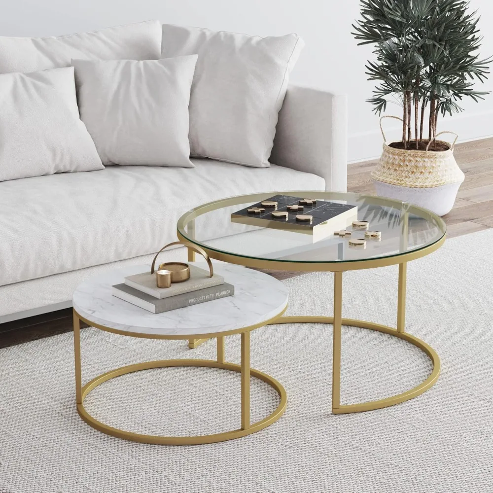 

Stella Round Modern Nesting Set of 2, Stacking Living Room Accent Tables with Wood, Glass or Faux Marble and Powder Coated Metal