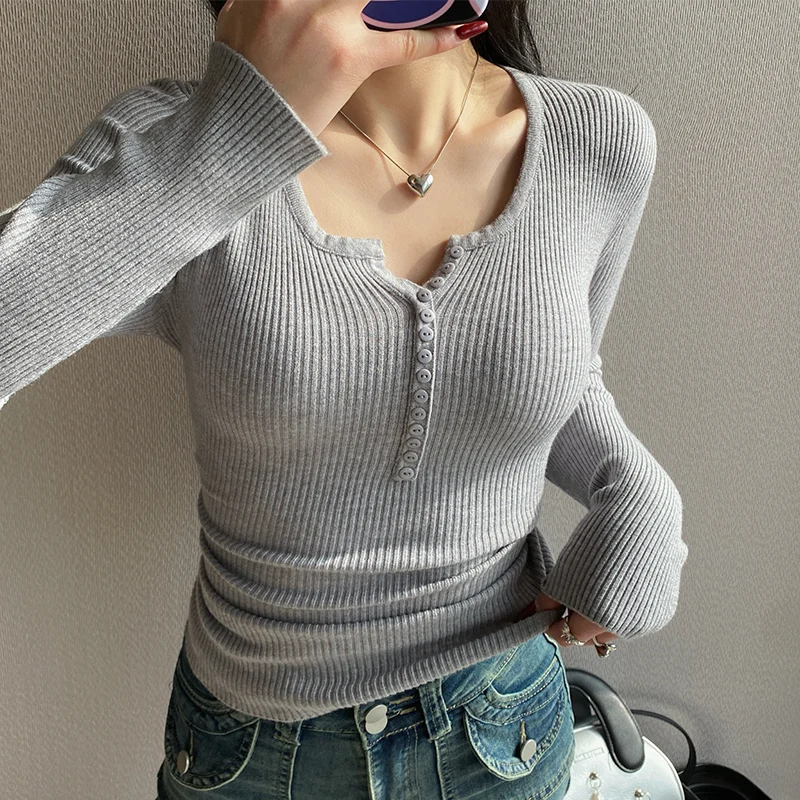 Jerséis con botones Y2k para mujer, jersey de manga larga tejido a la moda, suéteres básicos sólidos informales, Top de capa Base con cuello en V para Otoño e Invierno