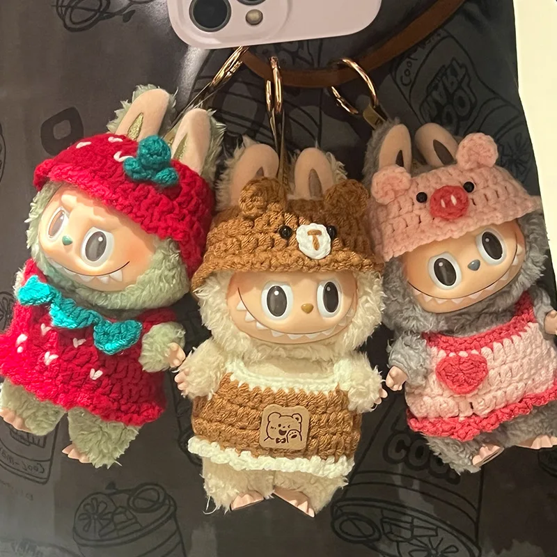 

Doll Clothes for Labubu Cute Hand Knitting Sets Bear Pig Strawberry Hat Skirt Vinyl Doll DIY Dress Up Accessory Girl Gift