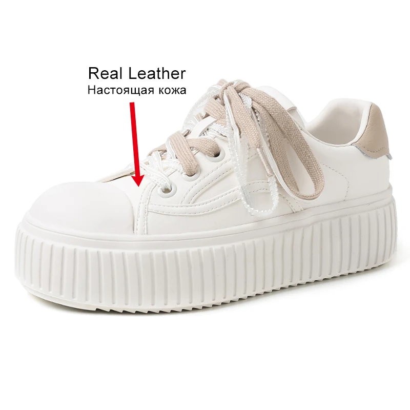 JOZHAMTA Women Sneakers Real Leather Thick Heels Platform Shoes Casual Tennis Lace-Up Athletic Breath Daily Trainer Size 35-40