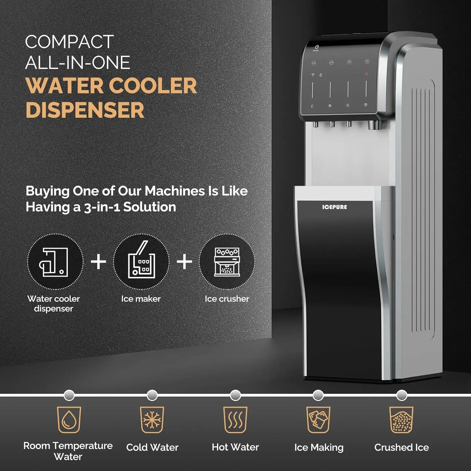 Bottom Loading Water Cooler Dispenser with Bullet Ice Maker, Built-in Crushed, Chewable  Machine, Hot and Cold Water, 5 in 1