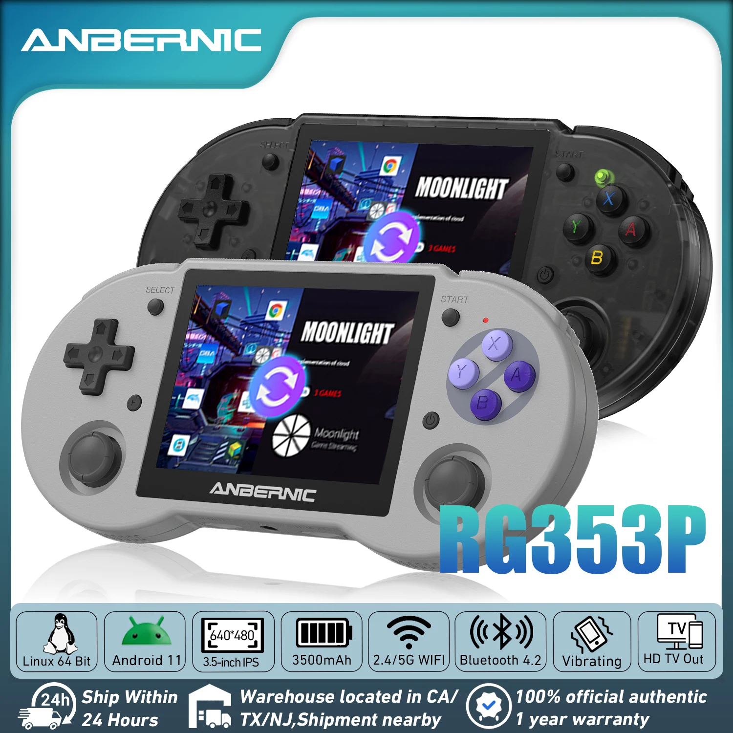 Anbernic RG353P وحدة تحكم ألعاب محمولة تدعم 5G WiFi 4.2 بلوتوث نظام التشغيل المزدوج أندرويد 11 نظام لينكس RK3566 رقاقة 64G 4452 ألعاب