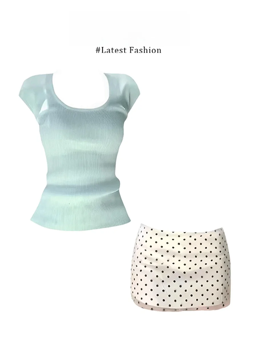 

Parkyeon Summer Initial Korean Drama Female Lead Gentle Style U-Neck Short Sleeve Knitted Top Polka Dot Wrap around Skir...
