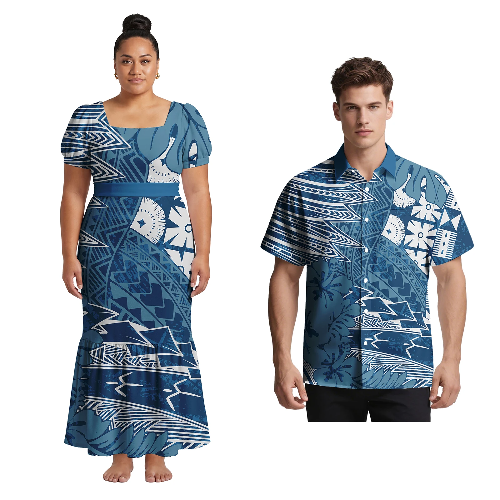 Polynesian Cozy Popular Couple Suit Hawaiian Dress for Ladies Beach Men Shirts Samoan Tribal Holiday Party Couple Match Outfits