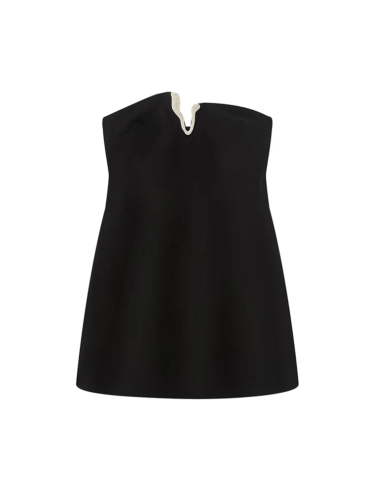 فستان نسائي قصير بدون حمالات على الموضة من TFMLN لصيف 2025 جديد أنيق برقبة على شكل حرف v مثير بدون أكتاف فساتين قصيرة أنيقة عتيقة ﻿