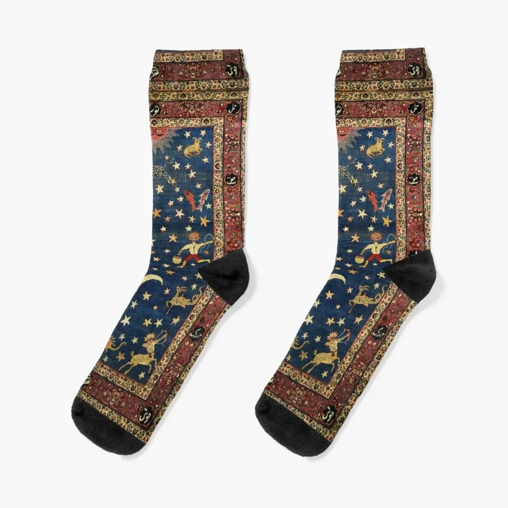 

ANTIQUE PERSIAN CARPET WITH ZODIACAL SIGNS,STARS IN BLUE SKY Socks sports and leisure Stockings winter thermal Socks Man Women's