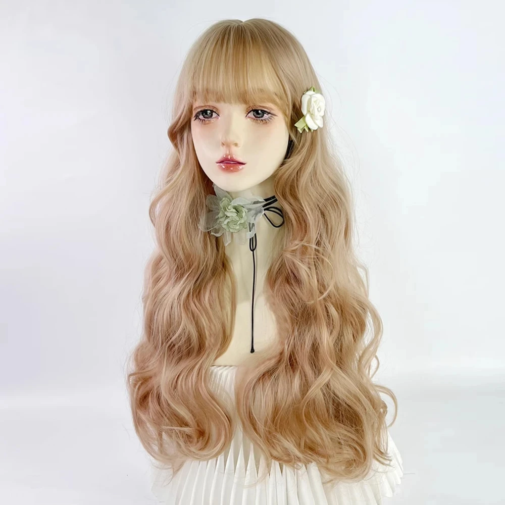 غاكا شقراء الاصطناعية طويلة متموجة المرأة شعر مستعار مع الانفجارات رقيق لوليتا تأثيري الشعر مقاومة للحرارة شعر مستعار للحزب اليومي #2