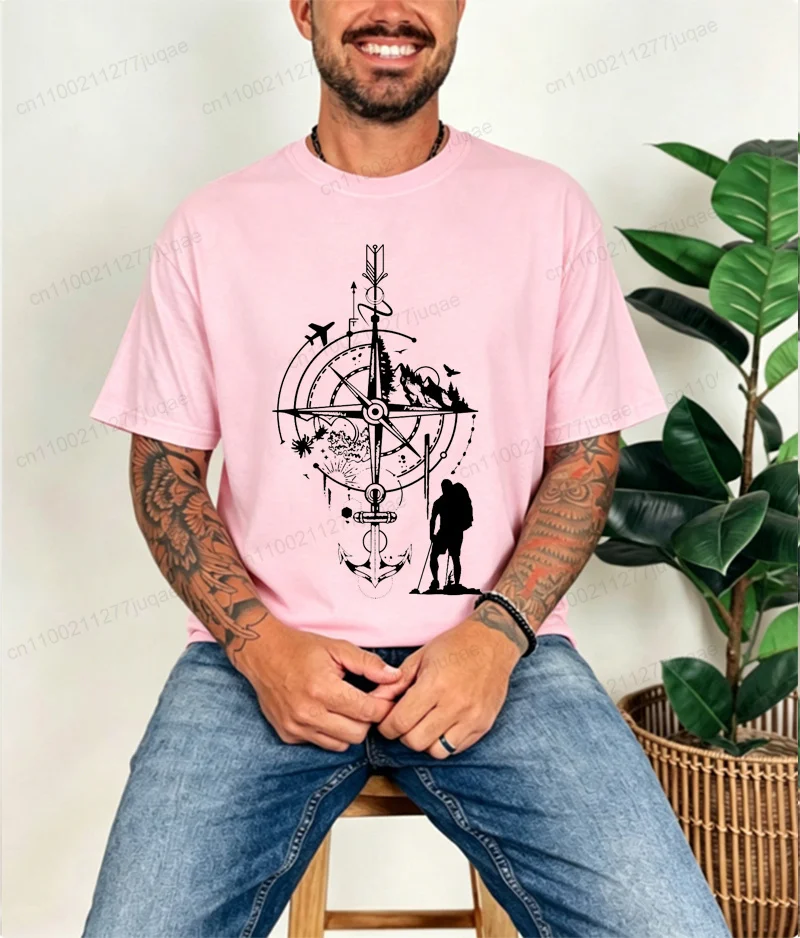 T-shirt for Men Compass Travel Funny T Shirt Men Tops Casual Clothing Oversize Vintage Clothes Fashion Trend Tshirt Short Sleeve