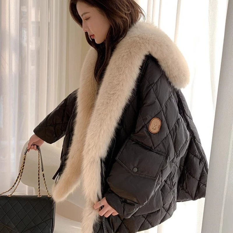 Women\'s Large Fox Fur Collar Puffer Coats, Thick Loose Down Jackets, Korean Luxury High-end Female Parker, Winter Outerwear, New