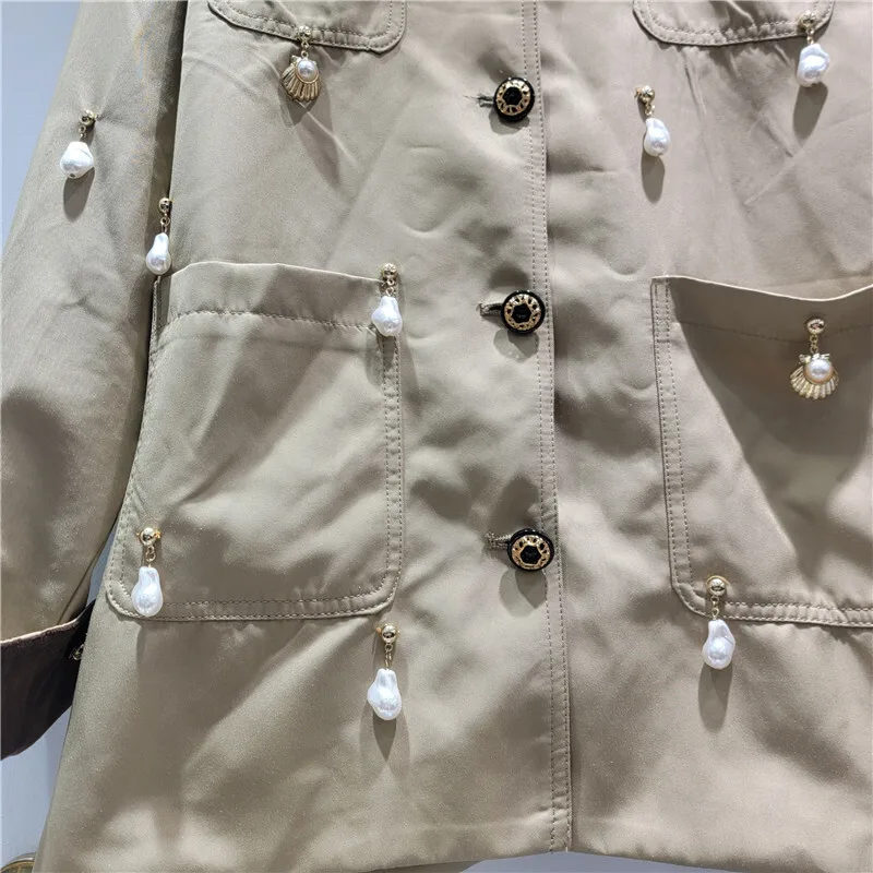 HKSH Herbst Neue Frauen Windjacke Einreiher Multi-tasche Perle Shell Anhänger Verziert Chic Mid-Länge Graben Mantel HK11352