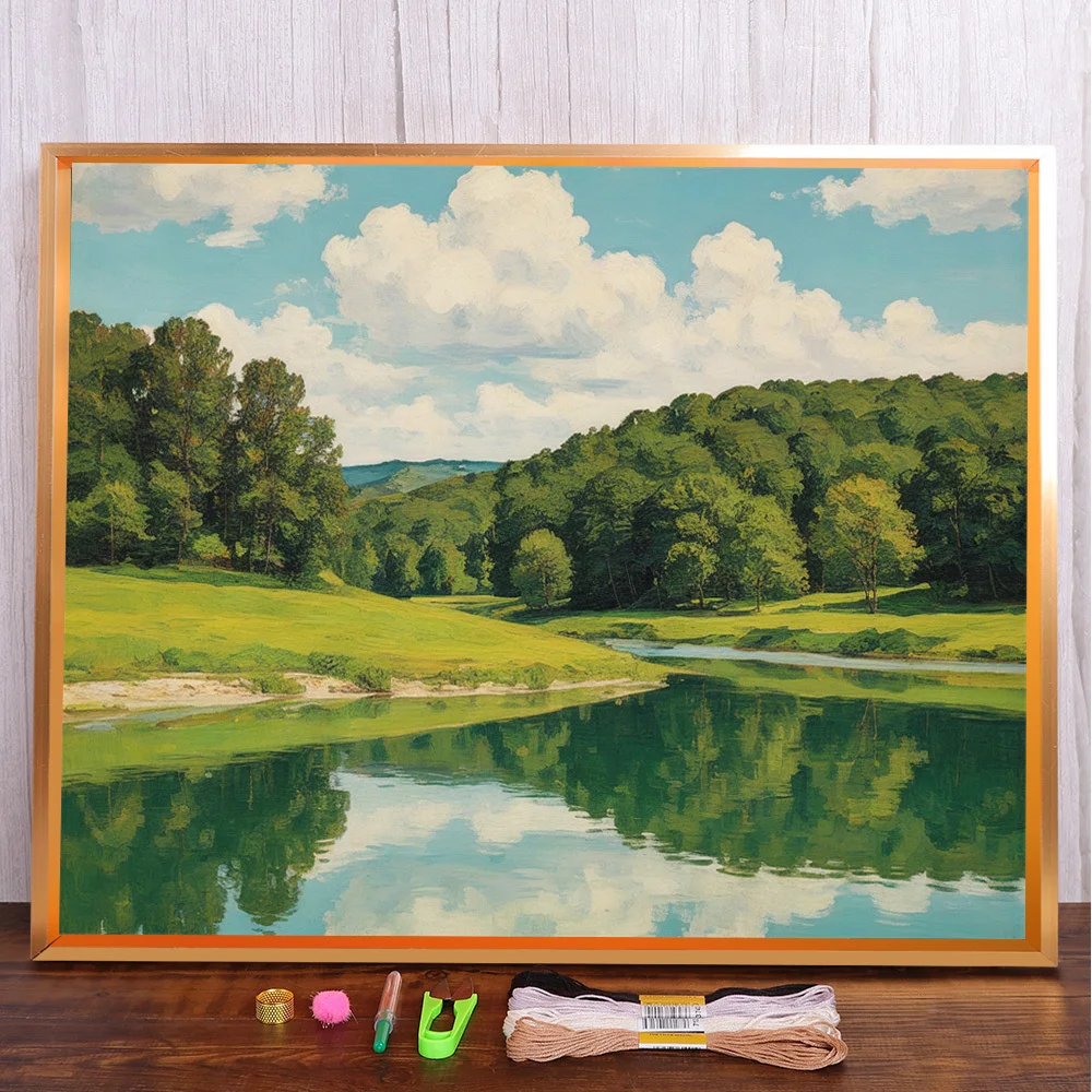 Landscape Spring River Printed Cross Stitch Complete Kit DIY Embroidery Knitting Hobby Handiwork Painting Stamped Package Sales