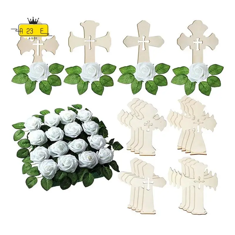 

A23E-16 шт. стоячие деревянные кресты деревянные кресты деревянные розы искусственные цветы для поделок с подставками белые розы искусственный цветок