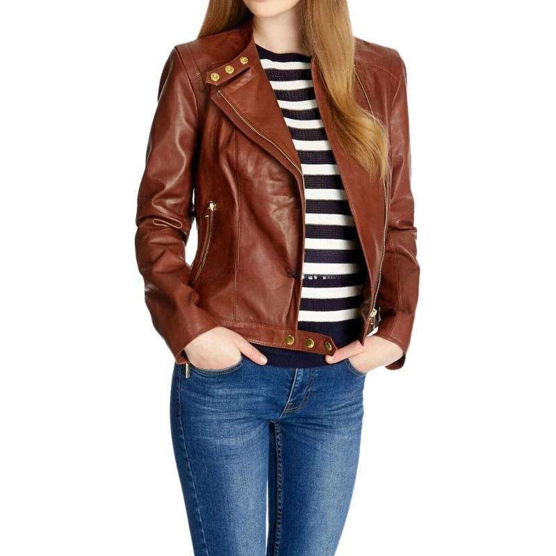 Women Designer Genuine Lambskin Real Leather Jacket Brown Outdoor Biker Coat