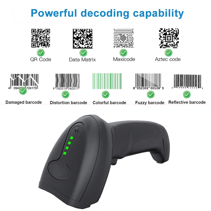

Hot Sale High Quality Handheld 2.4G Wireless+USB Wired Barcode Scanners Rechargeable 1D Laser 2D Bar Code Reader for Supermarket