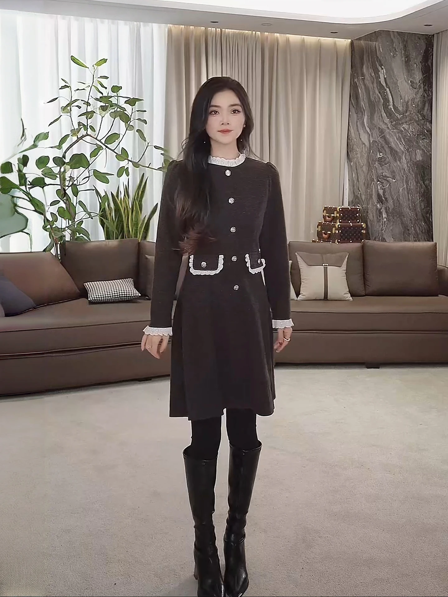 

Spring 2026 Long Lace Splice round Ne Slim Fit Versatile Dr LA.eila French Sle Polyester Viscose Blend Long Sve D...