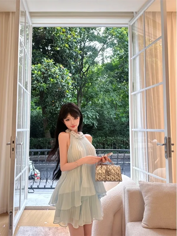 

Elegant Sleeveless Neck Hanging Top Half Skirt Mint Green Chiffon Two-Piece Set for Travel And Holiday Women's Fashion