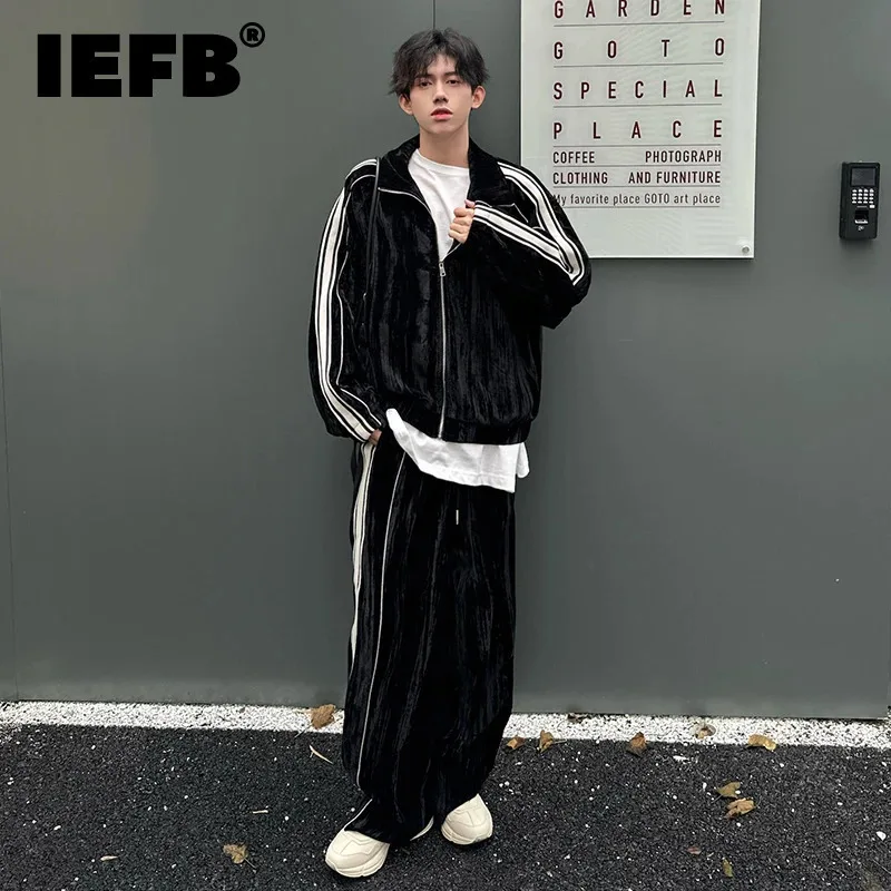 IEFB Niche Design Men's Two-piece Striped Lapel Contrast Color Jackets Straight Wide Leg Drawstring Male Sweatshirts 2025 9C9203