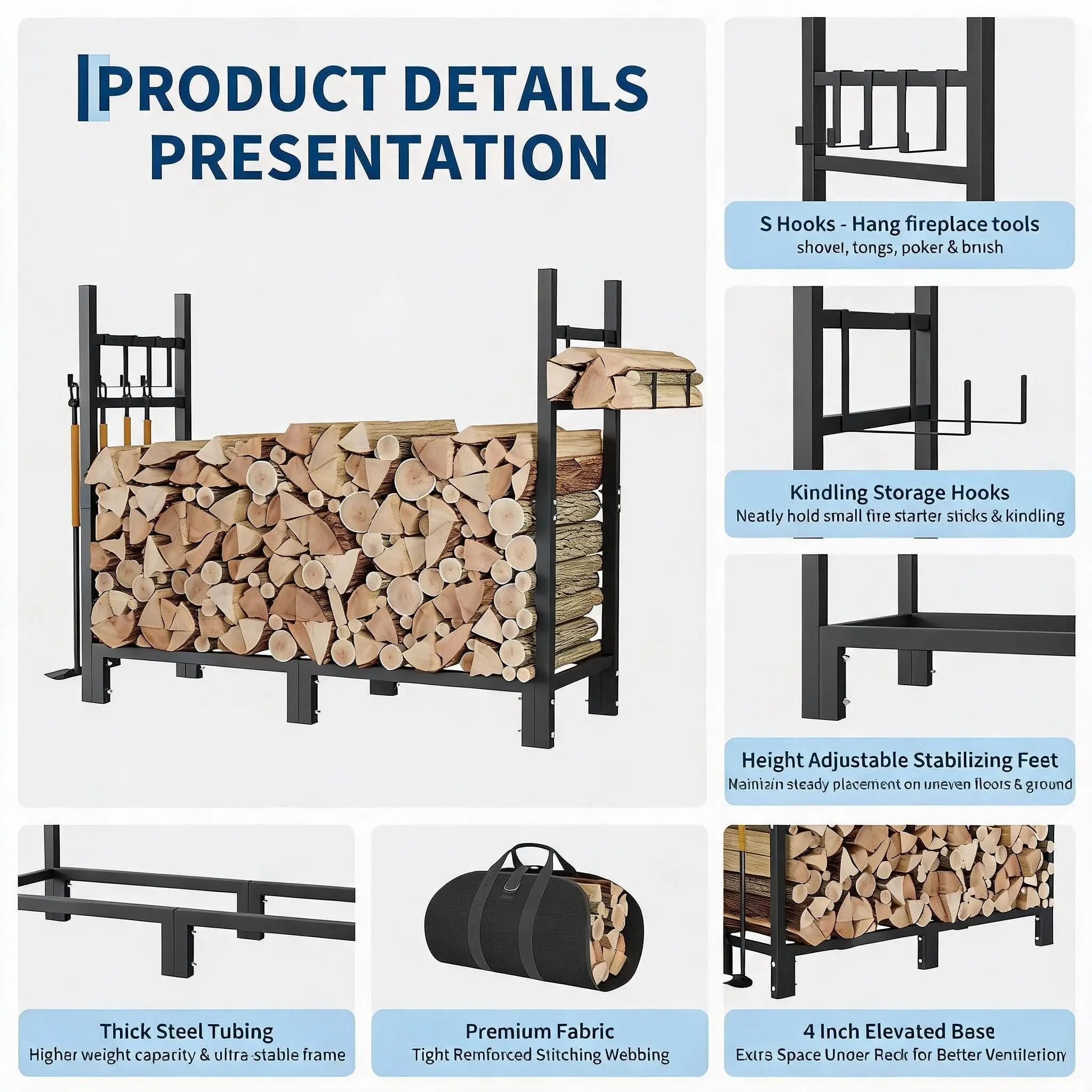 3/4/6/9FT Firewood Rack, 1200/1600/2000/3200 LBS Log Holder With Carrier Bag & Hooks, Indoor Outdoor Wood Storage For Fireplace