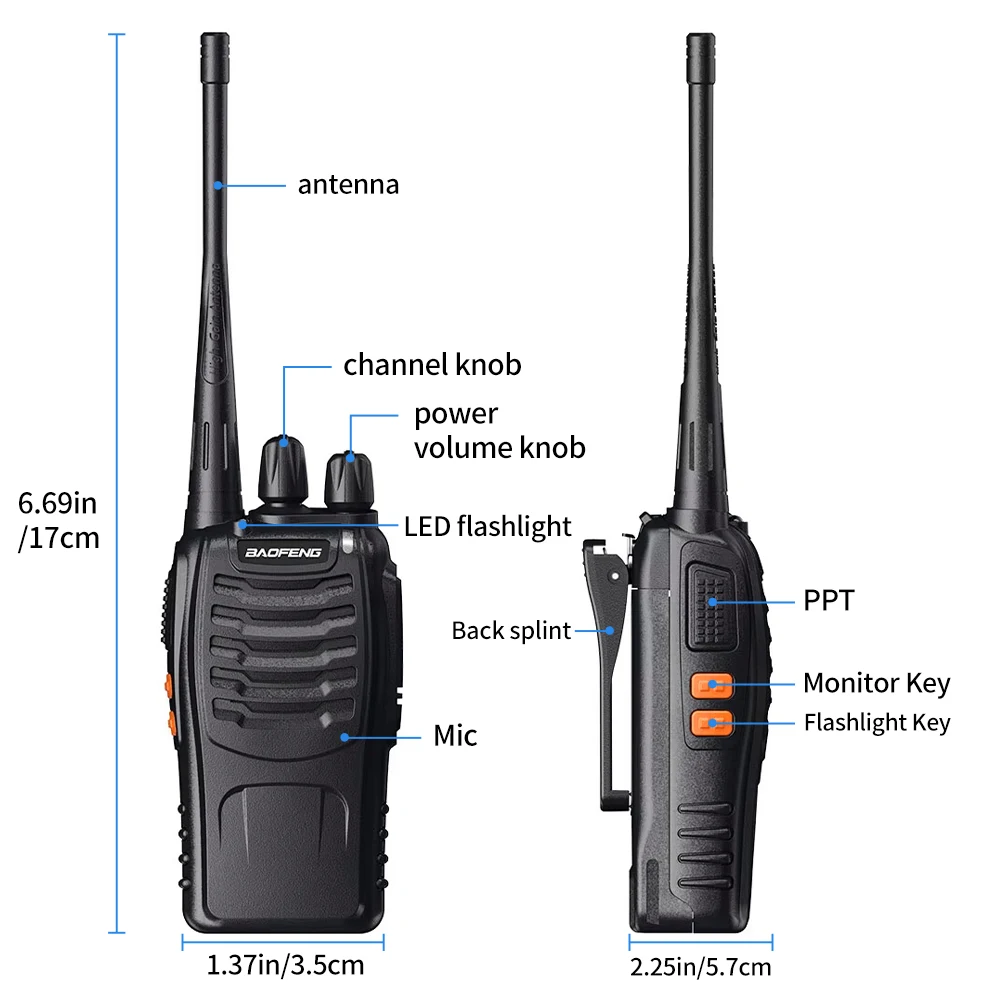 2 pezzi Baofeng Walkie Talkie BF-88E PMR 0,5 W 16CH UHF 446,00625-446,19375 MHz 12,5 KHz Separazione canale con caricatore USB auricolare