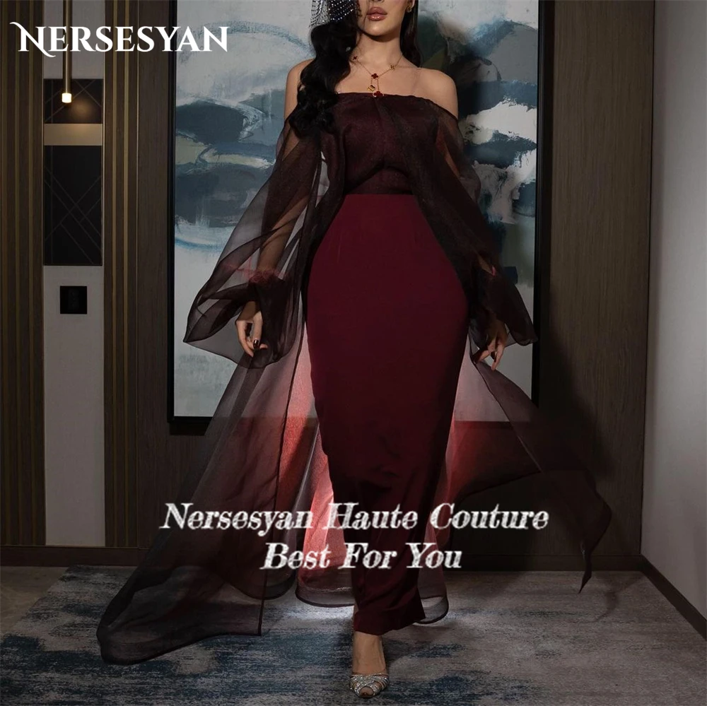 Nersesyan Burgundy Elegant Evening Dresses Bodycon Off Shoulder Puff Sleeves Prom Dress Backless Tulle Train Party Gowns 2024