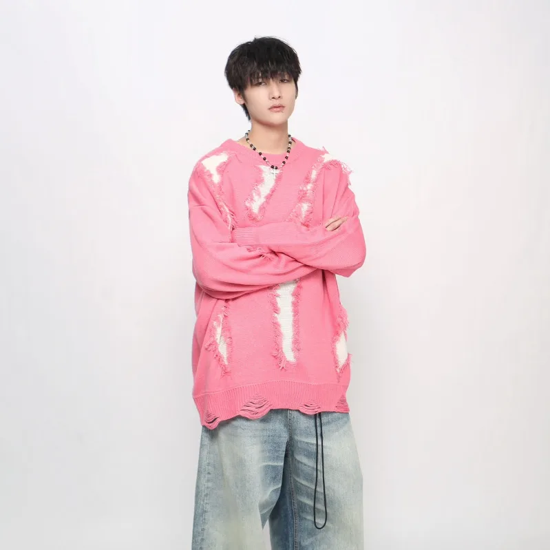 เสื้อสเวตเตอร์สไตล์อเมริกันแนวสตรีท ดีไซน์ขาดๆ แต่งผ้าปะติด สำหรับผู้ชาย ขอบรุ่ย ดีไซน์ฤดูใบไม้ร่วง-ฤดูหนาว แฟชั่นคู่รัก รุ่น 21156