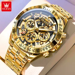 OLEVS Quartz Watches for Men Luxury Hollow Out Design Stainless Steel Multifunctional Chronograph Calendar Men's Gold Wristwatch