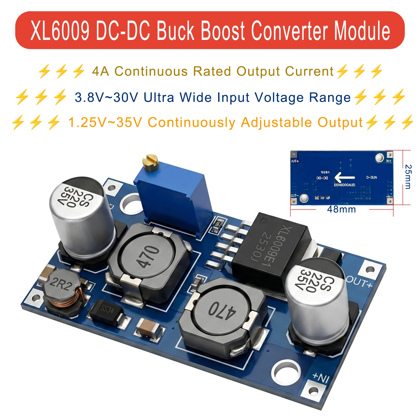 1-10PCS XL6009 DC-DC Buck Boost Converter Module 4A 5-32V to 1.25-35V Adjustable Voltage Regulator Power Supply High Efficiency