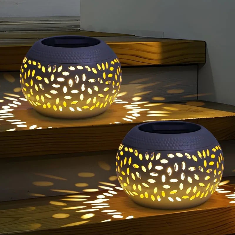 Solar Metal Lanterns Light Hollowed-Out Retro White/Black LED Table Lights Waterproof for Indoor Outdoor Garden Patio Yard Decor