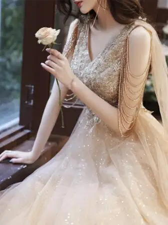 

Luxury Champagne Evening Dress With Shawl Elegant V-neck A-line Tassel Sleeves Beading Lace Up Long Prom Celebrity Gowns Formal