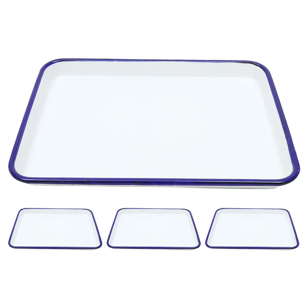 

4Pcs Vintage Enamel Baking Pan Set Classic White Rectangular Enamelware Roasting Tray Multipurpose Kitchen Laboratory Storage