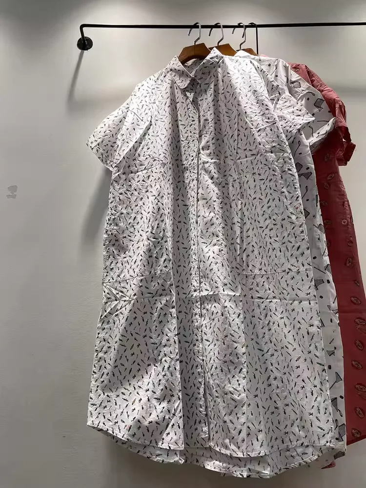 ผ้าฝ้าย 100% ชุดเสื้อเชิ้ตยาวสําหรับผู้หญิงฤดูร้อนญี่ปุ่นฮาราจูกุแฟชั่นการ์ตูนพิมพ์ชุดกระดุมแถวเดียวเสื้อยาว