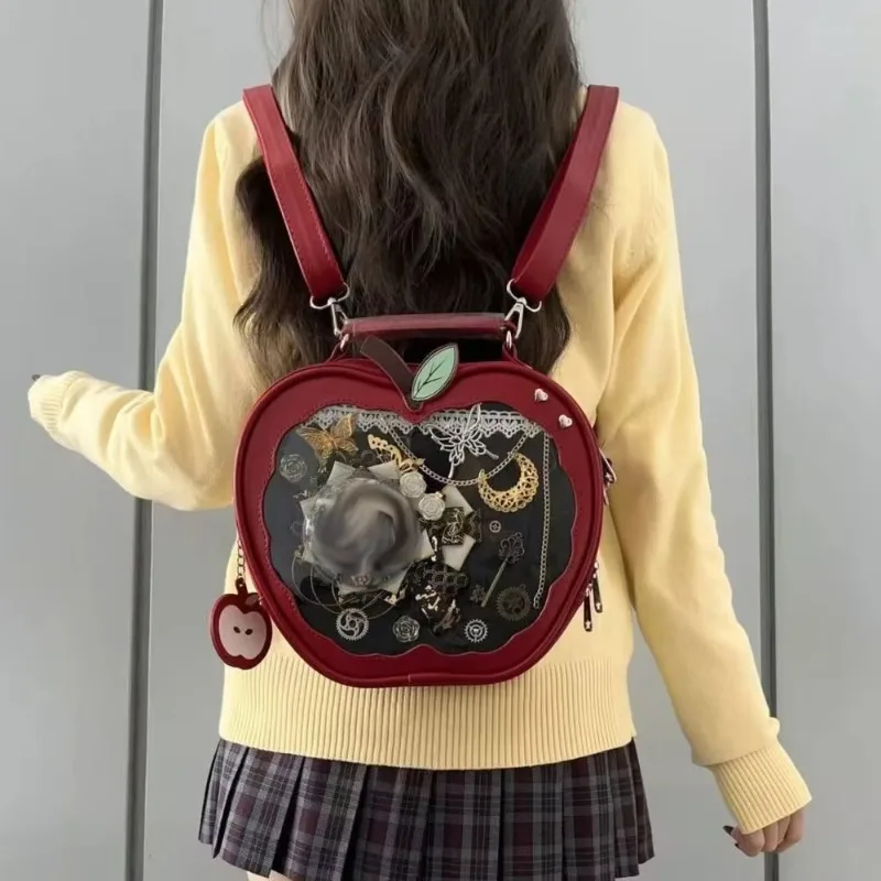 Grid Kawaii Zipper Bag Fruit Red Green Apple PU Transparent Pocket Small Item Bag Idol Merchandise Storage Fashion Backpacks