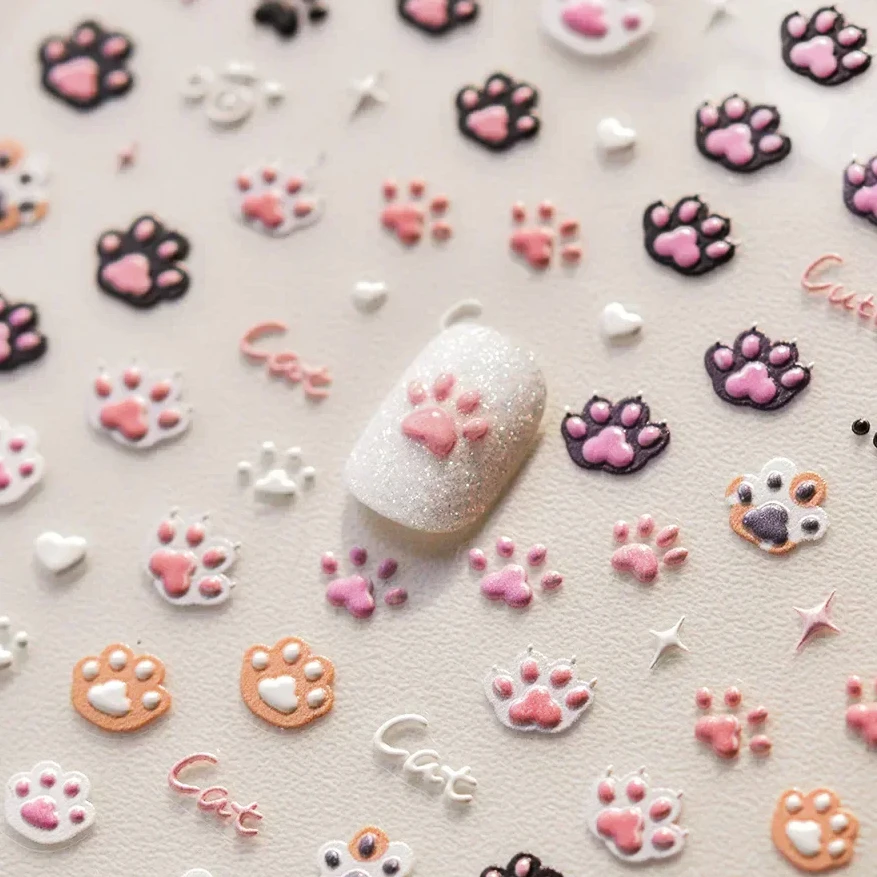 Sweet Pink Cute Cat Paw Print Star Love Heart Jelly Cartoon Kitty Embossed Relief Self Adhesive Nail Art Sticker Manicure Decals