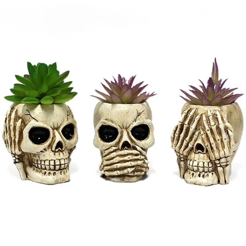 AT13 3Piece Skull Head Flower Pots Gothic Skeleton Planter Container  Office Planter Succulent Plant Organizer Halloween Ornamen