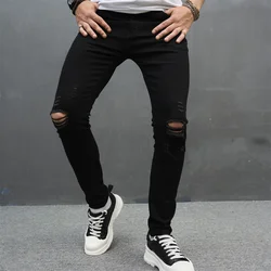 Men Simple Solid Holes High Street Stretch Skinny Jeans Pants Male Distressed Slim Pencil Jogging Denim Trousers