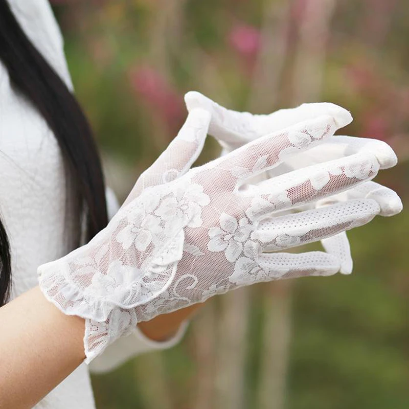 

Summer Women Sexy Lace Flower Ruffle Touch Screen Sunscreen Mesh Breathable Transparent Gloves Driving Cycling Anti-Slip