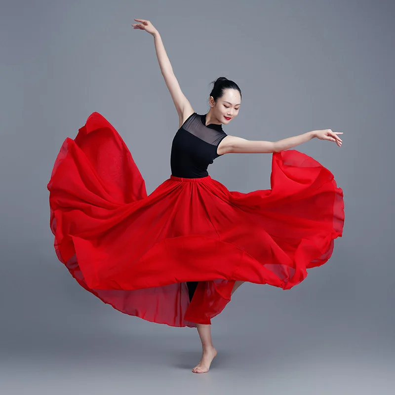 

Новая женская длинная юбка из двухслойного шифона белого и красного цветов, однотонная, с эластичной талией, для танцев, с широким подолом, женская одежда