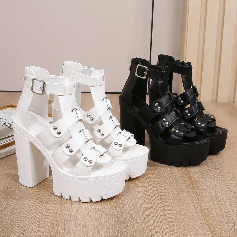 Comemore Summer New Chunky Heeled Sandals Women Buckle Strap Open Toe Platform Super High Heels Fashion Women\'s Shoe White Black