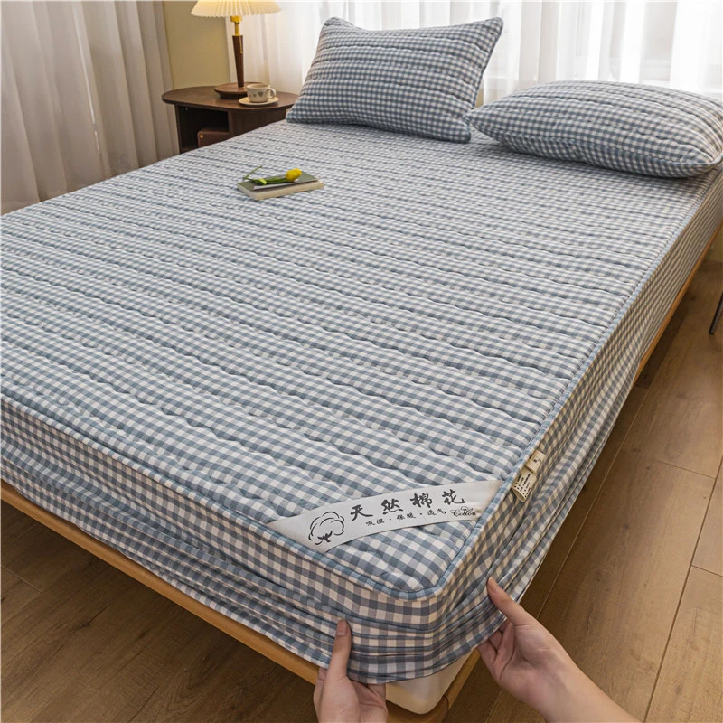 Plaid Mattress Protector Cotton Top Quilted Fitted Bed Cover Hypoallergenic Antibacterial Anti-Mite Silent Mattress Cover