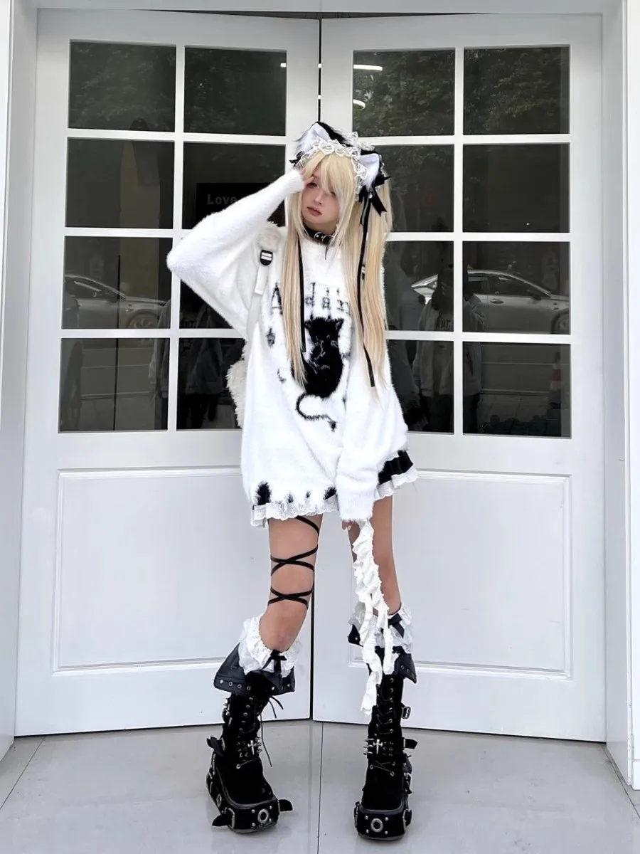 冬のかわいい漫画風アメリカンスタイルゆったりとした女性用ニットセーター、柔らかいフェイクミンク、ロング丈、ラウンドネック、カジュアルで快適