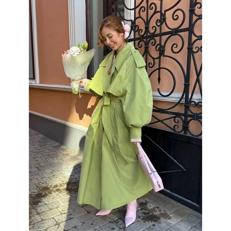 

New Autumn Street Travel Leisure Lady Outwear Women Green Lapel Trench Coat Fashion Belted Long Sleeve Loose Outerwear Chic 2026