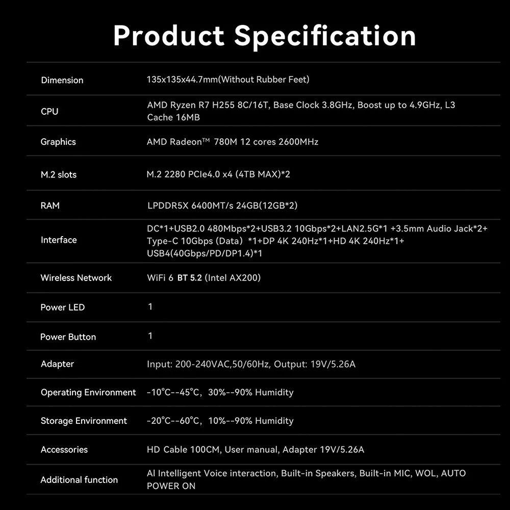 Beelink SER9 Pro Max AMD Ryzen 7 H255 24GB LPDDR5X RAM 1TB NVMe SSD Win 11 Ubuntu Type C Wifi6 BT5.2 Gaming PC SER9 HX370 HX470