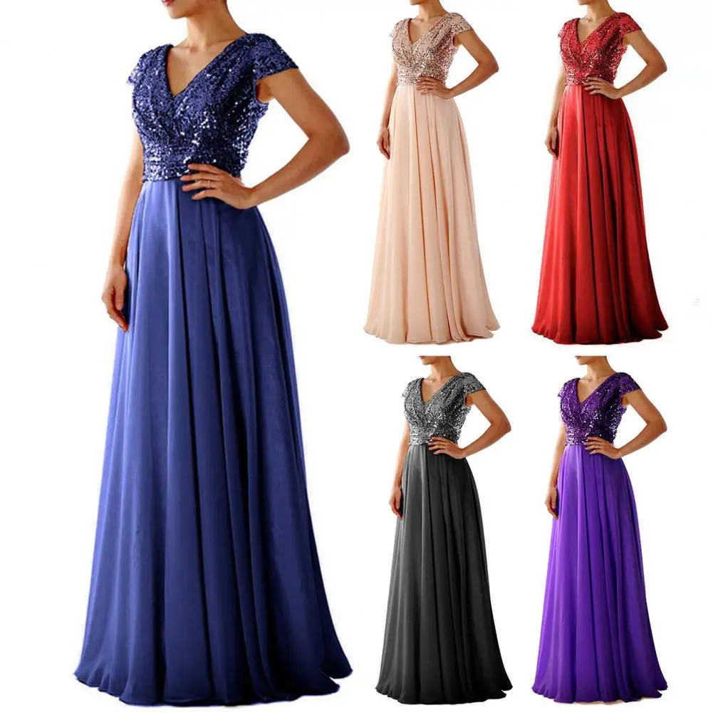 

Fashion Holiday Dress Floor Length Dressing Up A-Line Luxury Shiny Sequins Chiffon Splicing Bridesmaid Dress