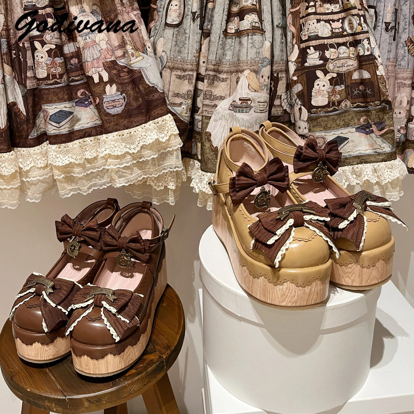 

Original Retro Wooden Bottom Cute Bow Platform Shoes Girl Women's Spring and Autumn Mary Jane Shoes High Heels Pumps