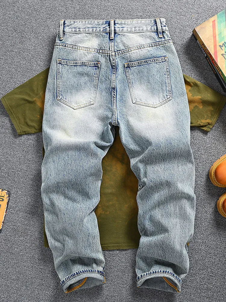 Men's American Vintage Moto Jeans, Distressed Washed & Pleated Patchwork, Loose Straight Wide Leg Denim Pants