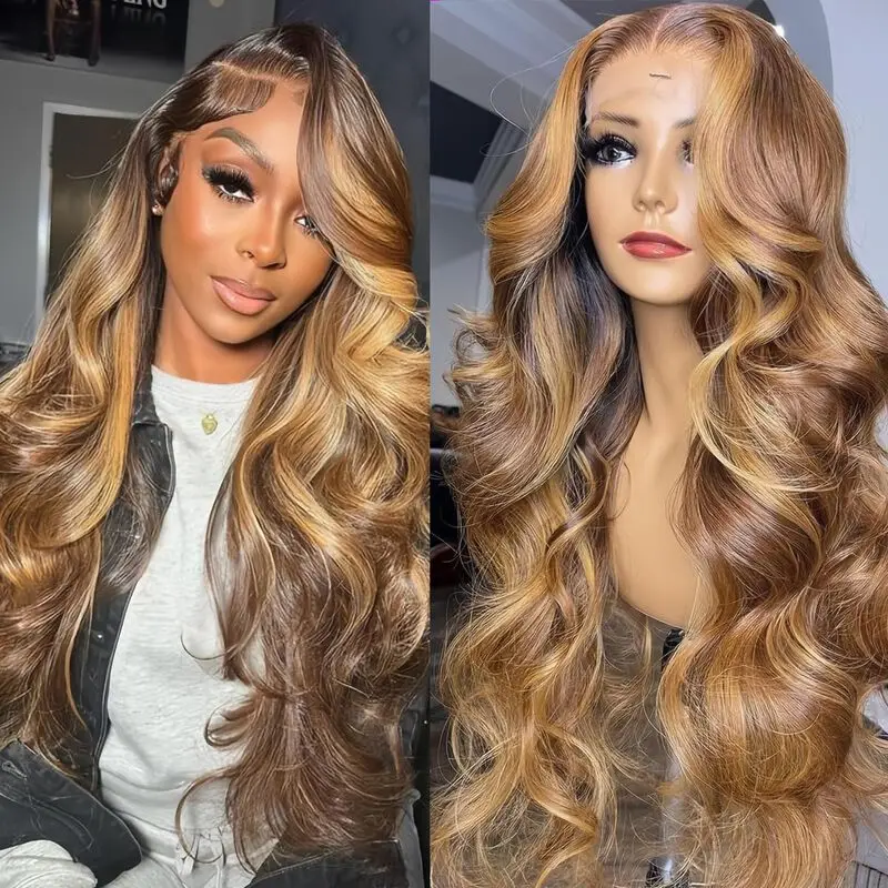 34Inch Honey Blonde Lace Front Wigs Human Hair 4/ 27 Highlight Ombre 13x6 Transparent Lace Frontal Human Hair Wigs For Women