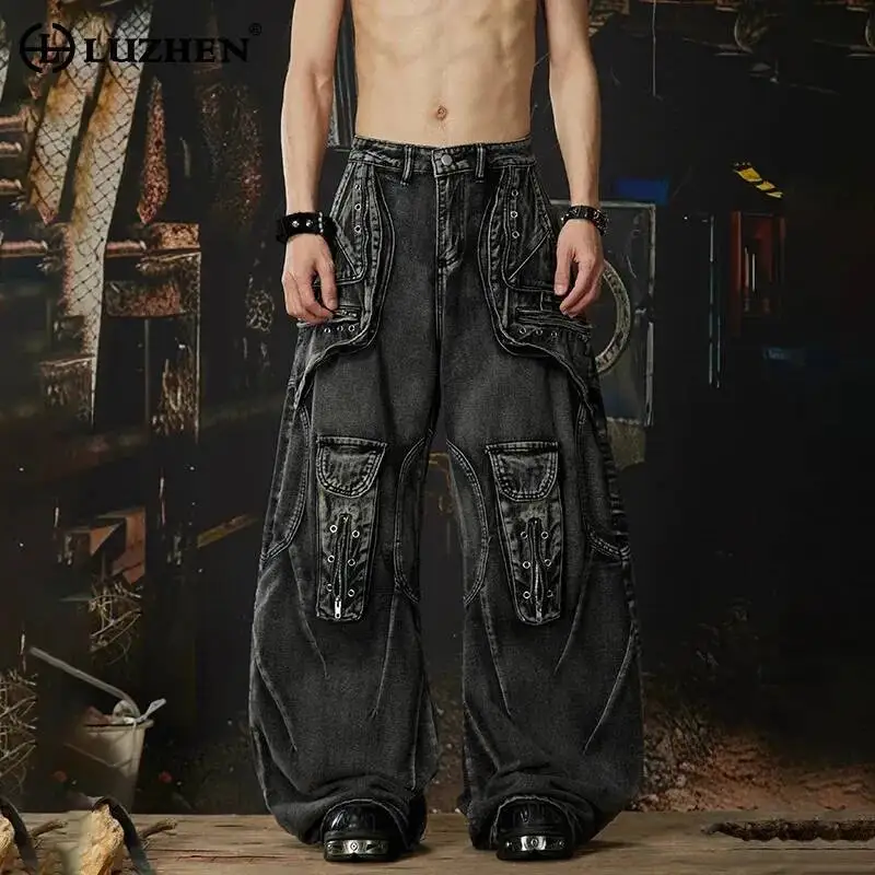 

LUZHEN 2026 New Personalized Patchwork Design Many Pockets Decorate Loose Wide Leg Jeans Men Original Street Denim Pants JY6640